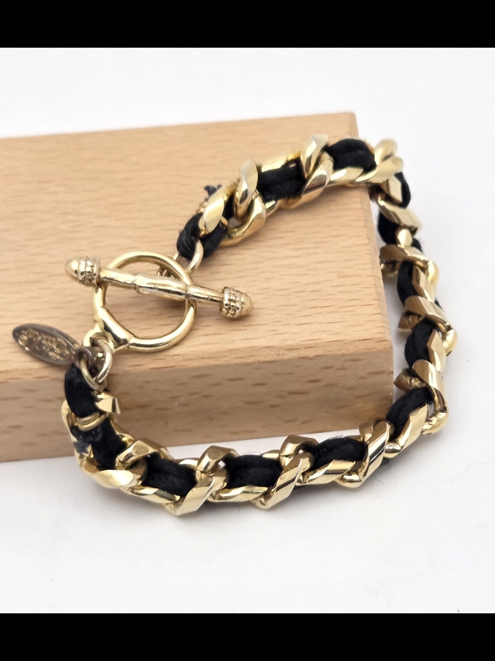 Ettika Gold Tone & Black Woven Chunky Chain Toggle Bracelet - Made in USA